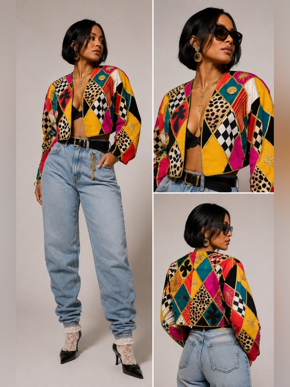 ✨Vintage IBE Colorblock Patchwork Cropped Jacket Art to Wear Boho Chic ⭐